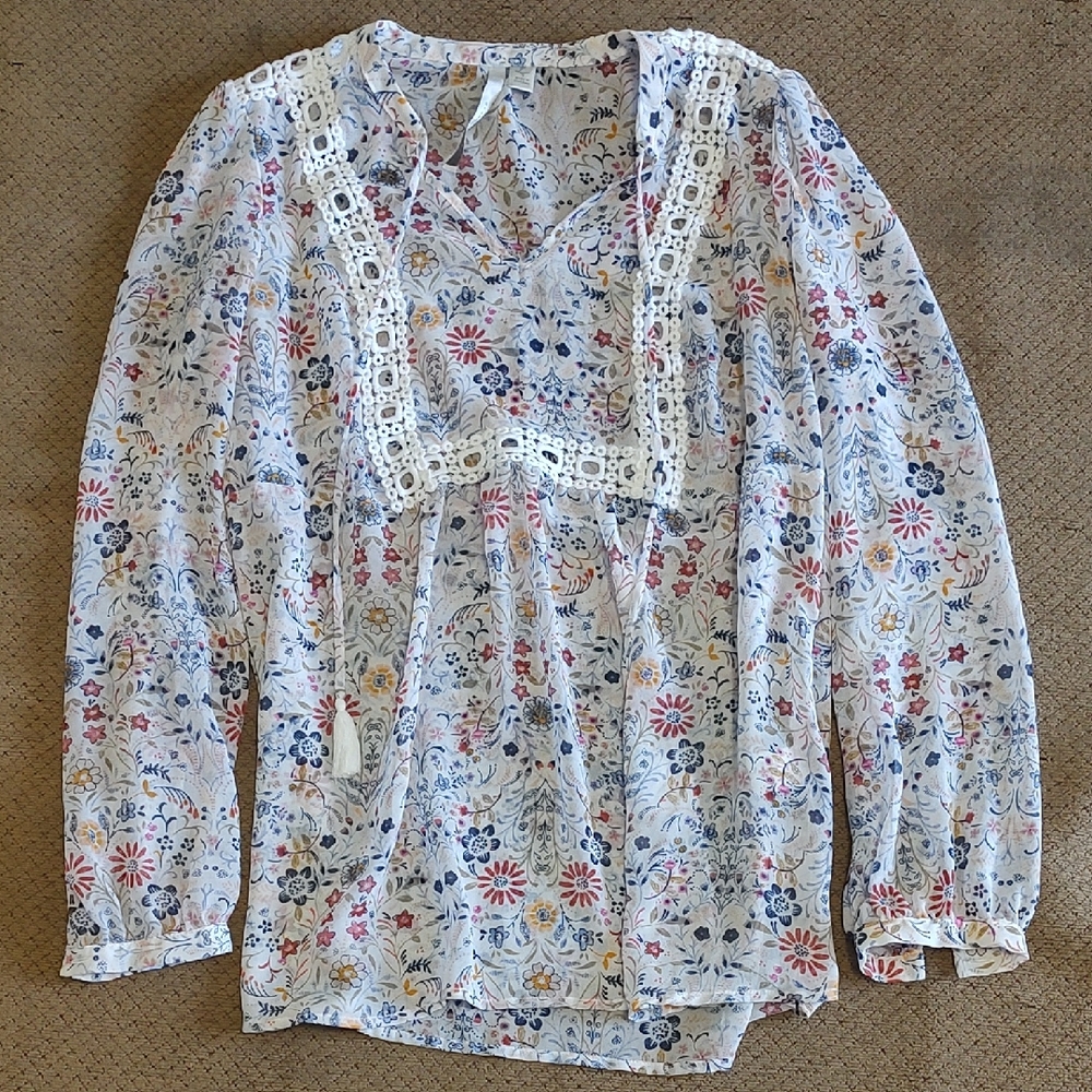 LC Lauren Conrad Multicolor Floral Blouse with Lace